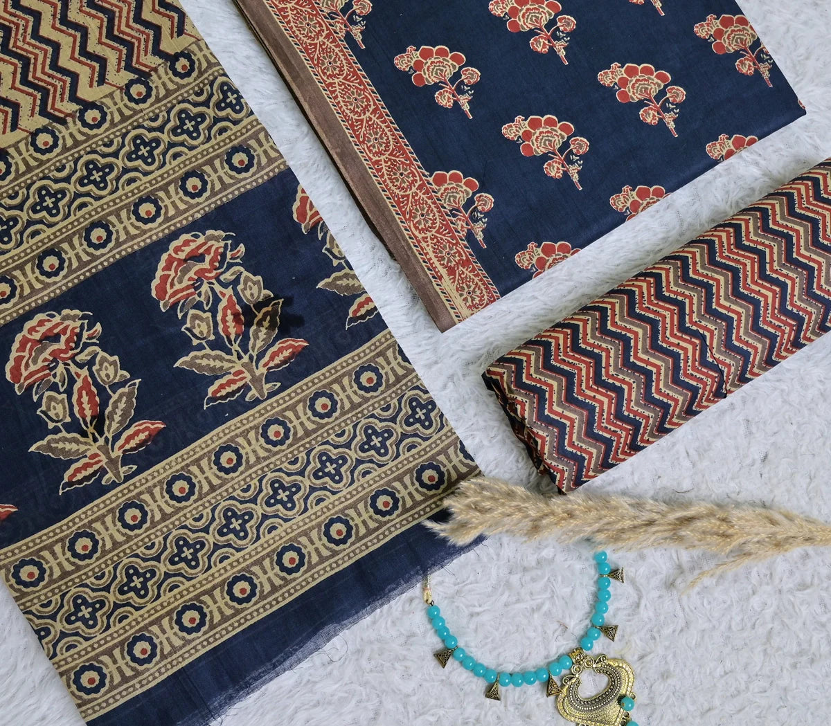 Navy Blue Floral Buti 3-Piece Cotton Suit Set_SS105