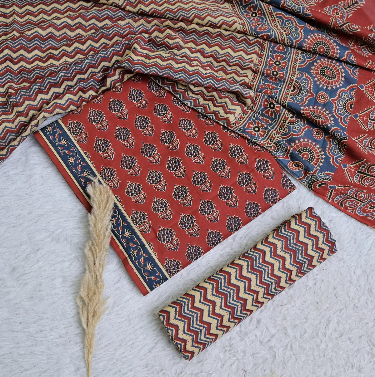 Rust Ajrakh Mandala 3-Piece Cotton Suit Set_SS112