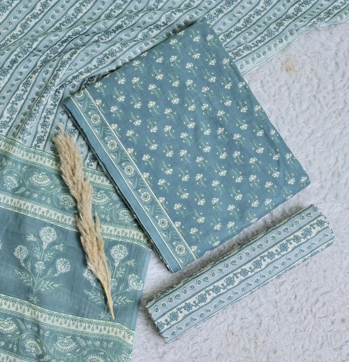 Sage Green Floral Block Print 3-Piece Cotton Suit Set_SS113