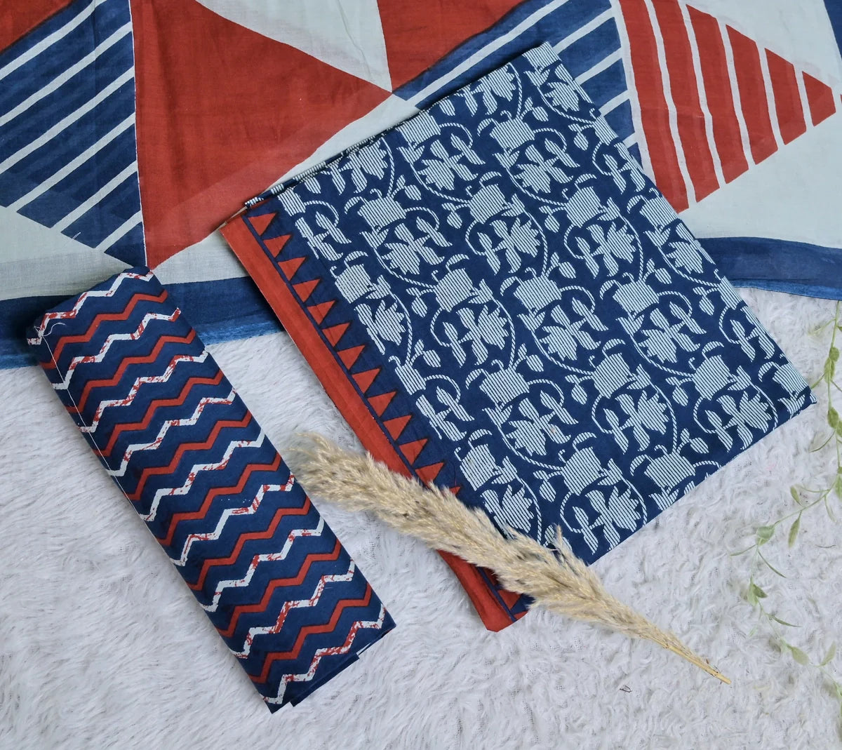 Navy Blue Geometric Triangle 3-Piece Cotton Suit Set_SS116