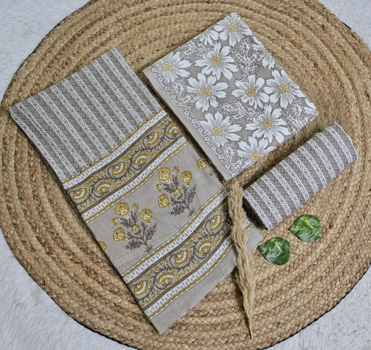 Beige Mustard Sunflower Block Print 3-Piece Cotton Suit Set_SS119