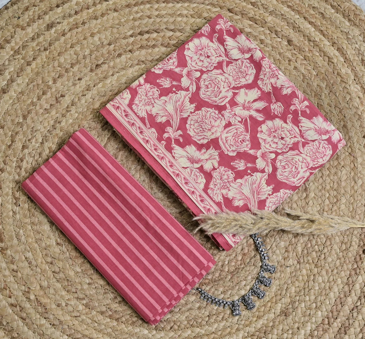 Rose Pink Floral Stripe 3-Piece Cotton Suit Set_SS120