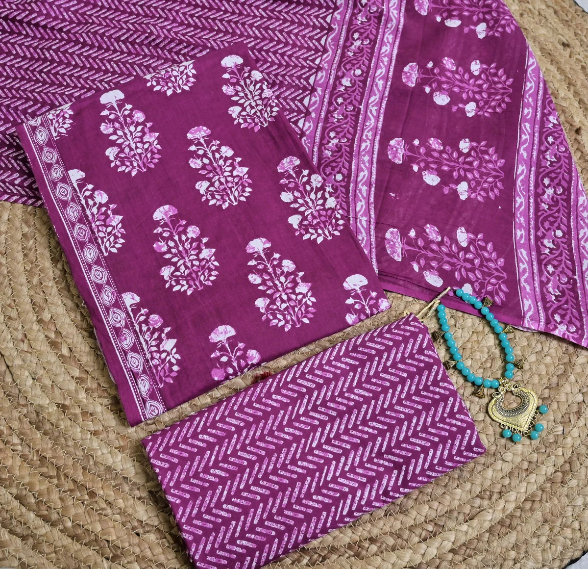 Magenta Block Print Floral 3-Piece Cotton Suit Set_SS123