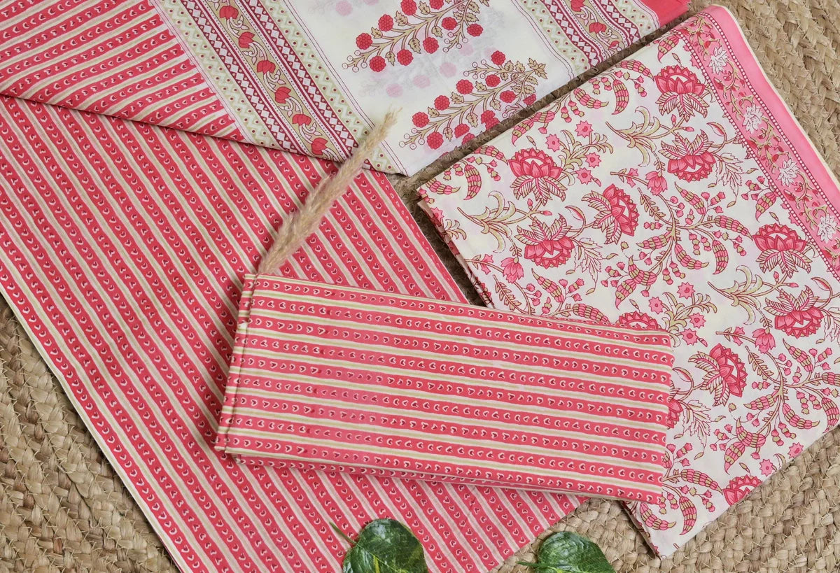 Coral Pink Floral Jaal 3-Piece Cotton Suit Set_SS124