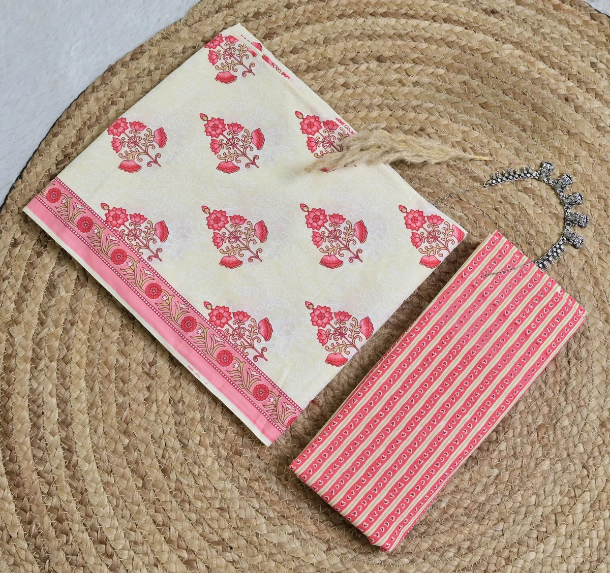 Coral Pink Buti Block Print 3-Piece Cotton Suit Set_SS125