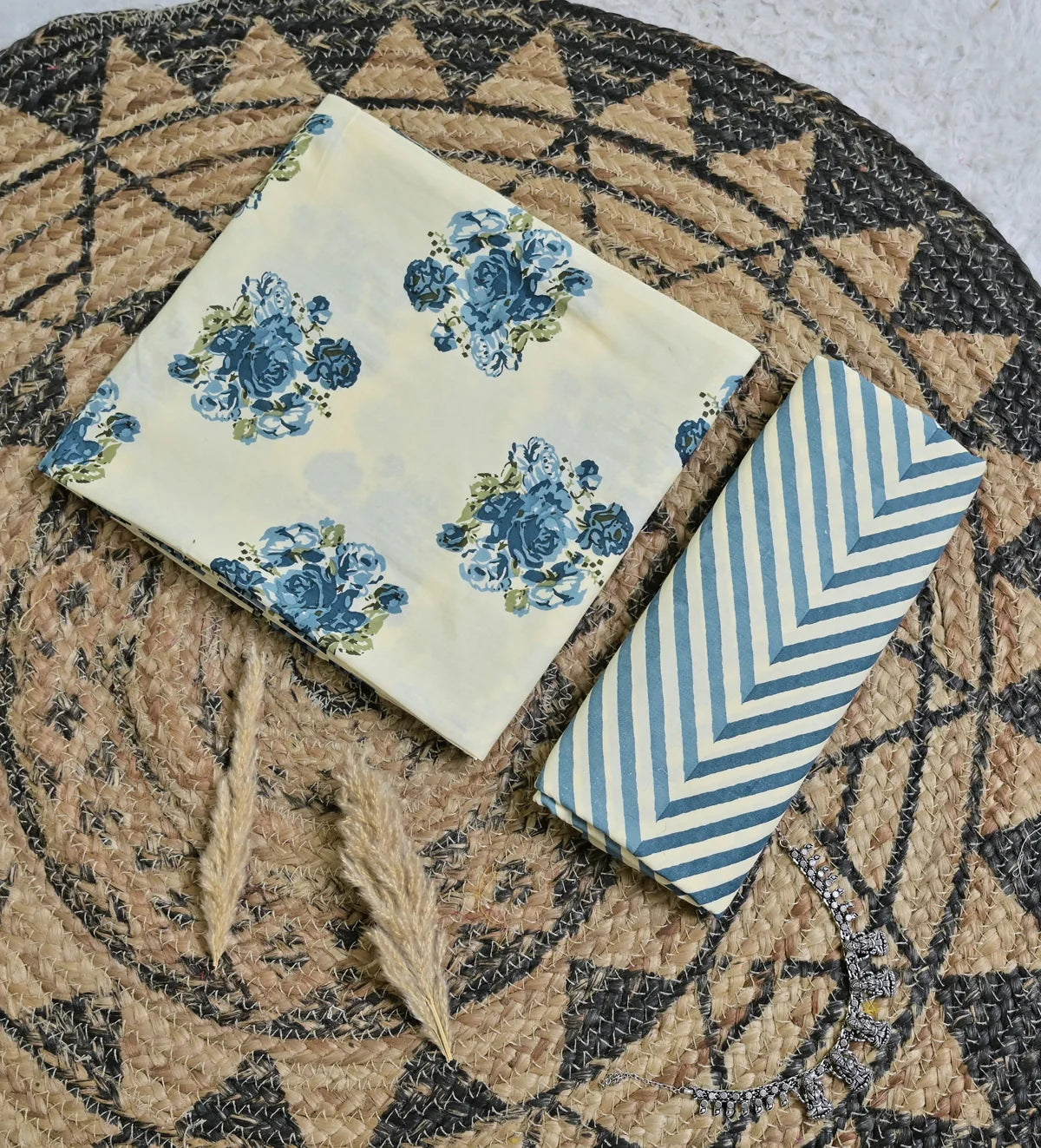 Steel Blue Lotus Buti 3-Piece Cotton Suit Set_SS130