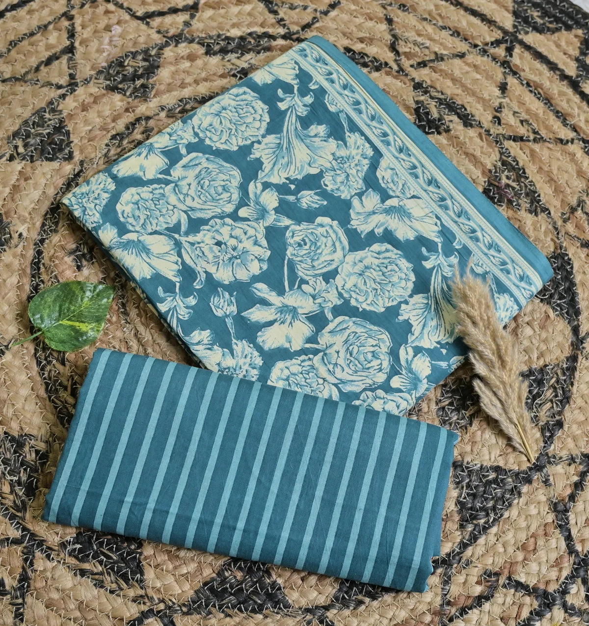 Teal Blue Floral Jaal 3-Piece Cotton Suit Set_SS132