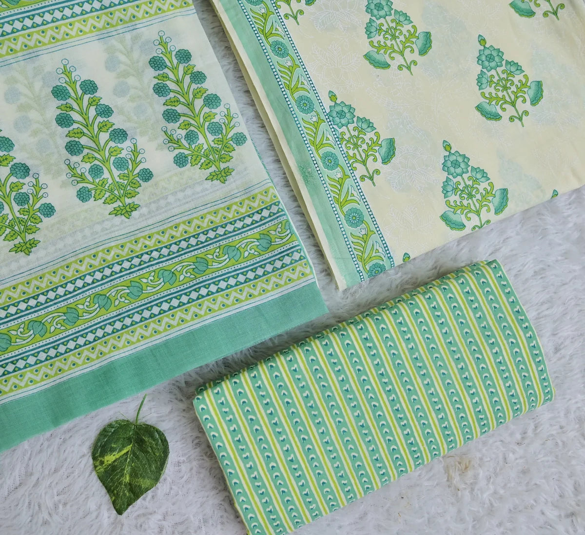 Mint Green Floral Buti 3-Piece Cotton Suit Set_SS140