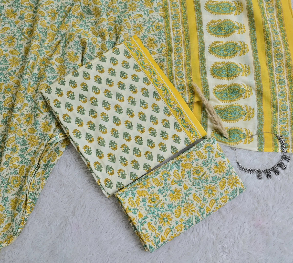 Yellow Teal Paisley Block Print 3-Piece Cotton Suit Set_SS141