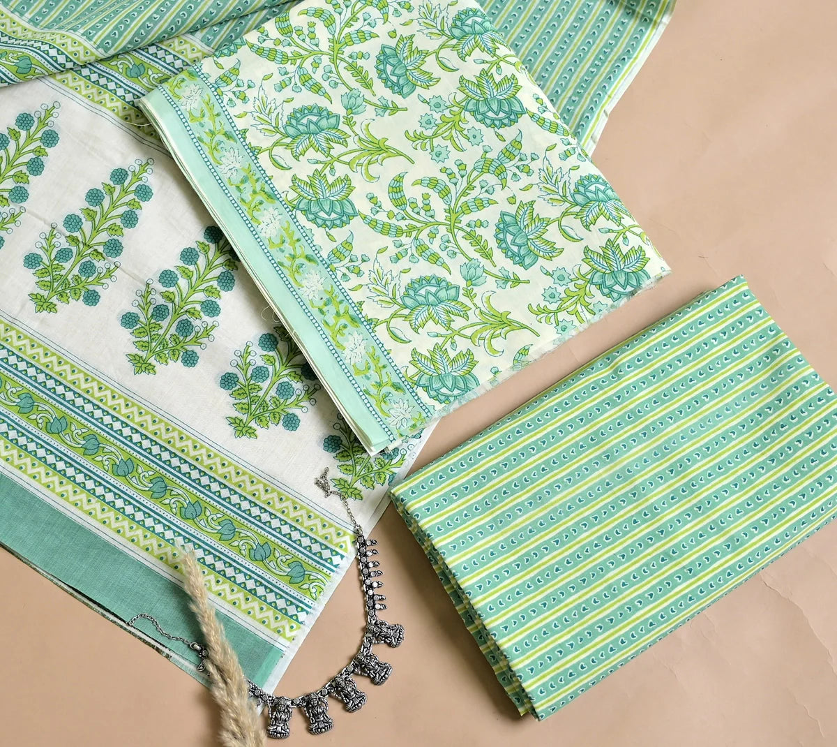 Mint Green Floral Jaal 3-Piece Cotton Suit Set_SS144