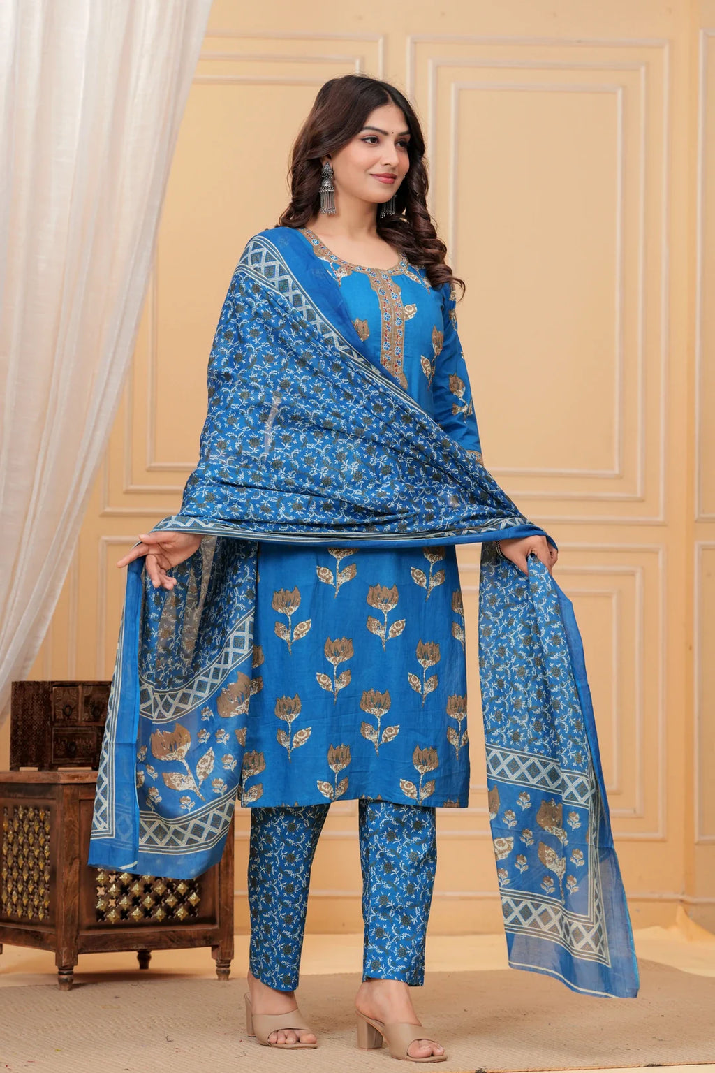 Royal Blue Handblock Printed Cotton Suit Set with Kota Dupatta