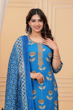 Royal Blue Handblock Printed Cotton Suit Set with Kota Dupatta