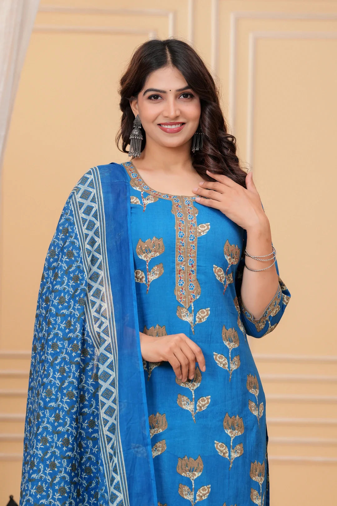 Royal Blue Handblock Printed Cotton Suit Set with Kota Dupatta