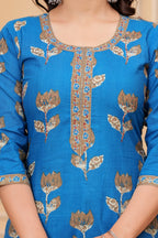 Royal Blue Handblock Printed Cotton Suit Set with Kota Dupatta