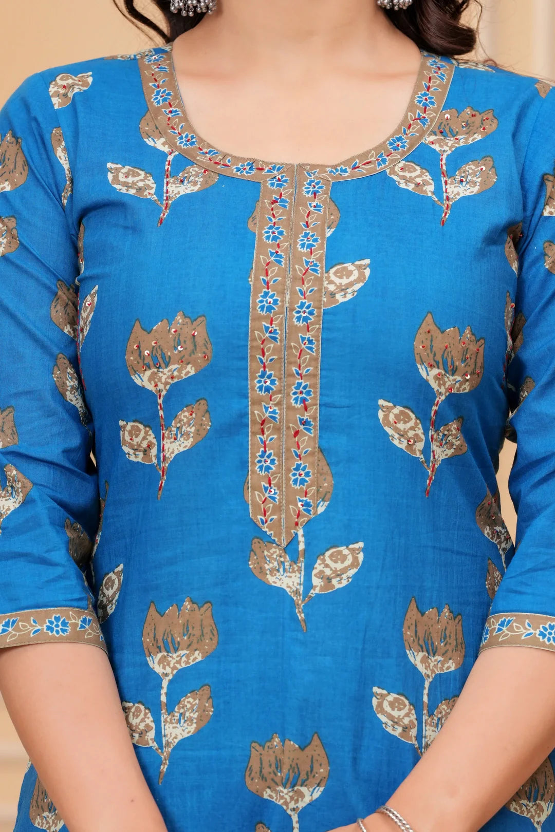 Royal Blue Handblock Printed Cotton Suit Set with Kota Dupatta