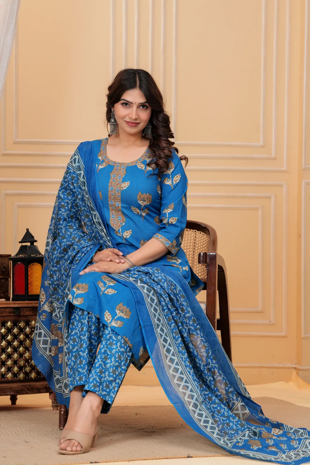 Royal Blue Handblock Printed Cotton Suit Set with Kota Dupatta