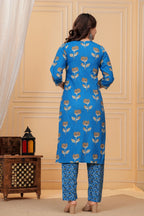 Royal Blue Handblock Printed Cotton Suit Set with Kota Dupatta