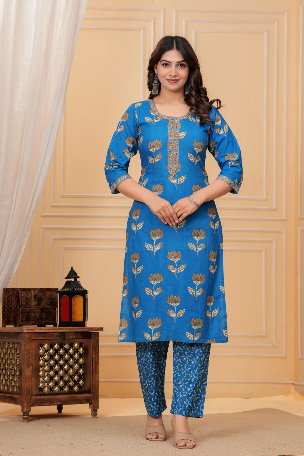 Royal Blue Handblock Printed Cotton Suit Set with Kota Dupatta