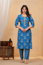 Royal Blue Handblock Printed Cotton Suit Set with Kota Dupatta