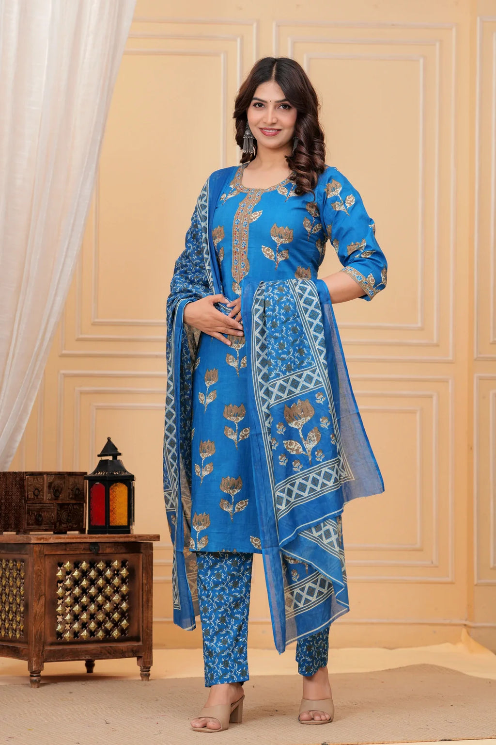 Royal Blue Handblock Printed Cotton Suit Set with Kota Dupatta