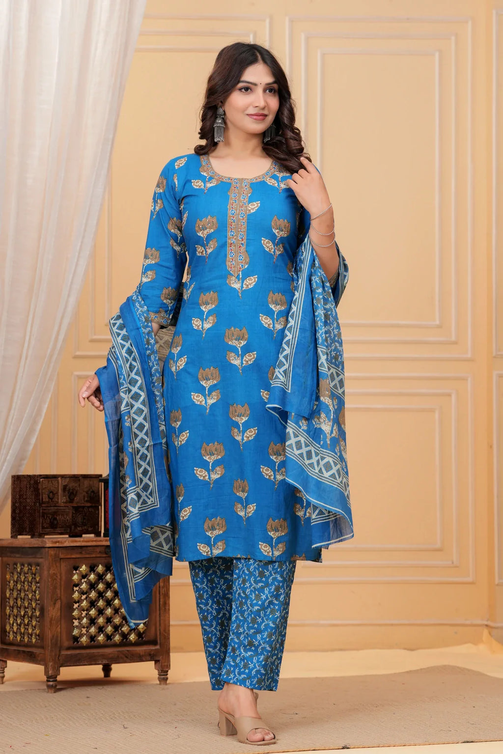 Royal Blue Handblock Printed Cotton Suit Set with Kota Dupatta