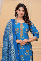 Royal Blue Handblock Printed Cotton Suit Set with Kota Dupatta