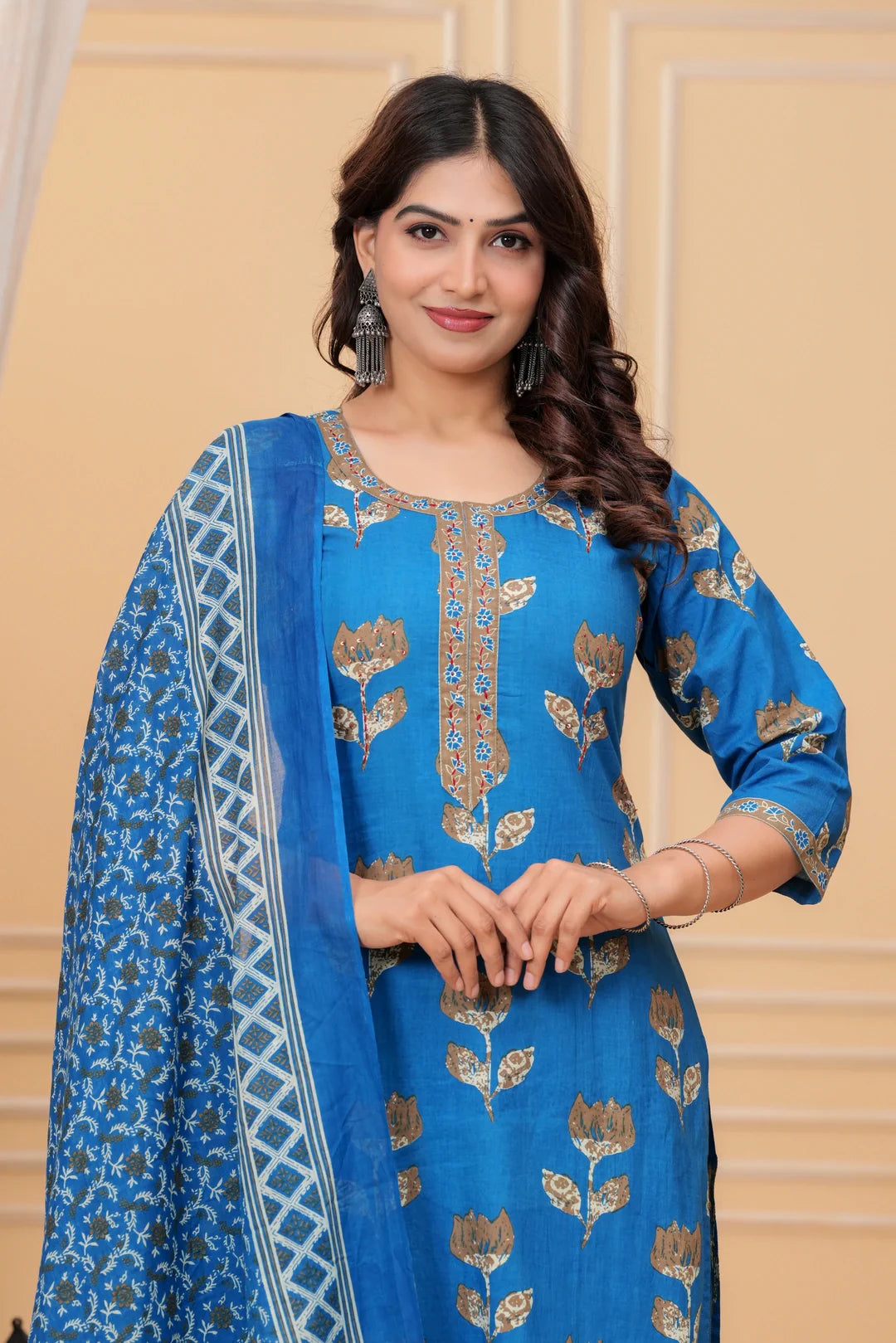 Royal Blue Handblock Printed Cotton Suit Set with Kota Dupatta