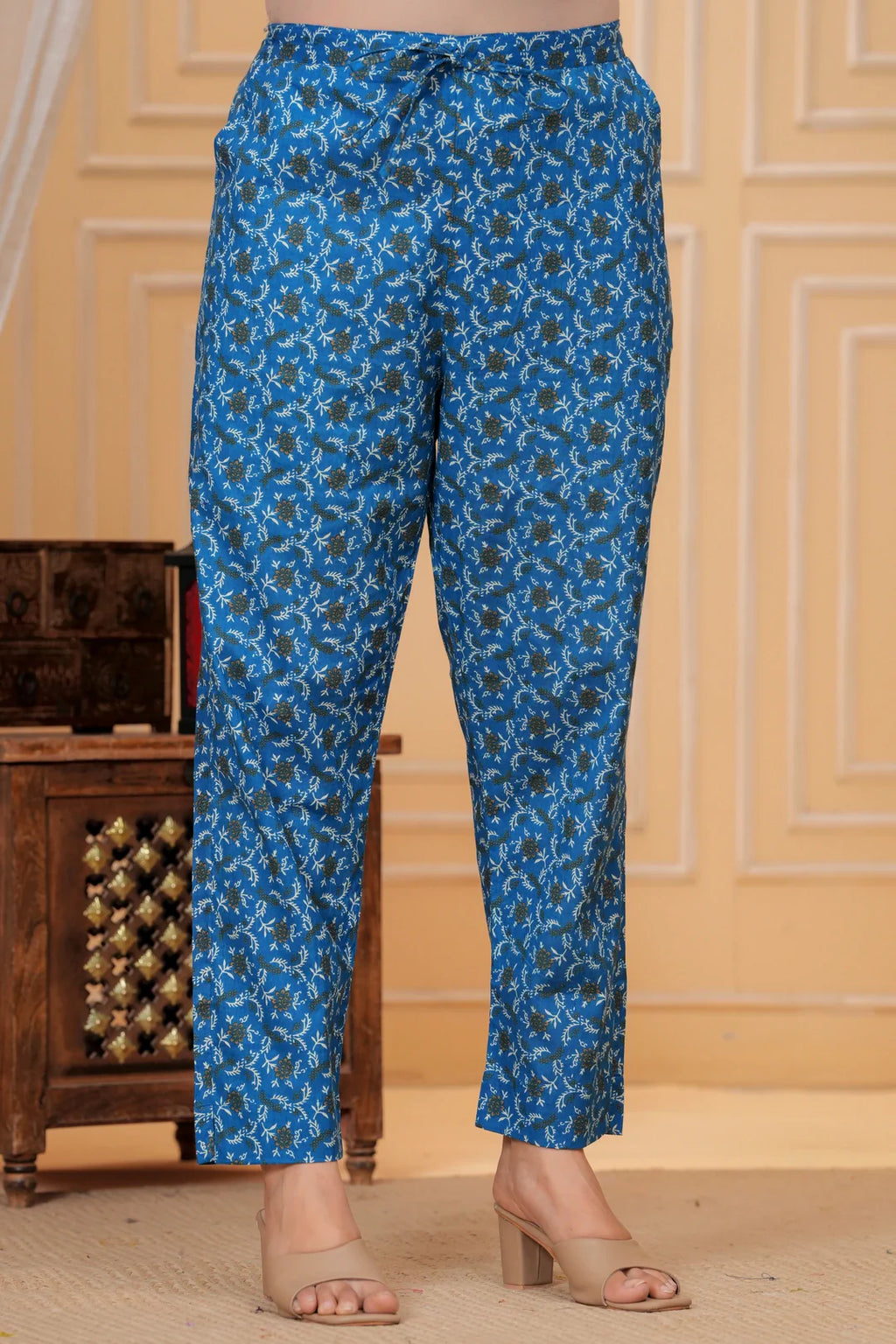 Royal Blue Handblock Printed Cotton Suit Set with Kota Dupatta