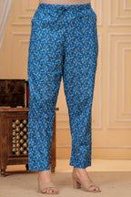Royal Blue Handblock Printed Cotton Suit Set with Kota Dupatta