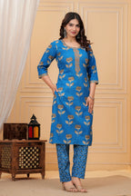 Royal Blue Handblock Printed Cotton Suit Set with Kota Dupatta