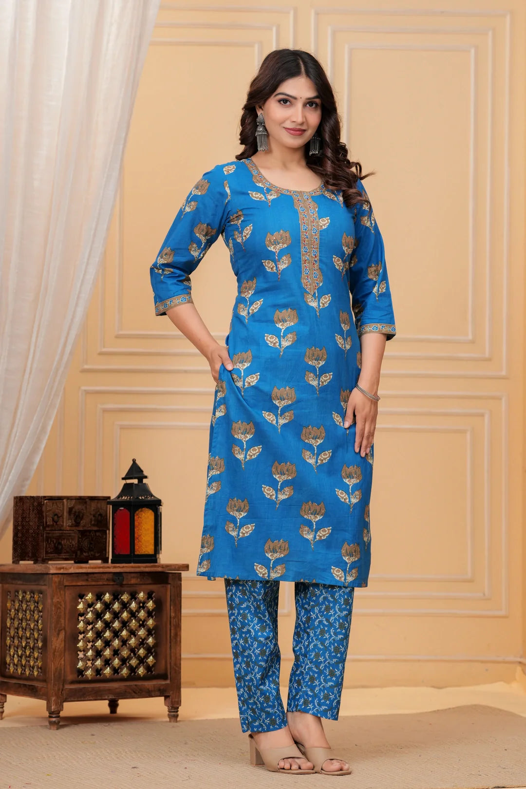 Royal Blue Handblock Printed Cotton Suit Set with Kota Dupatta