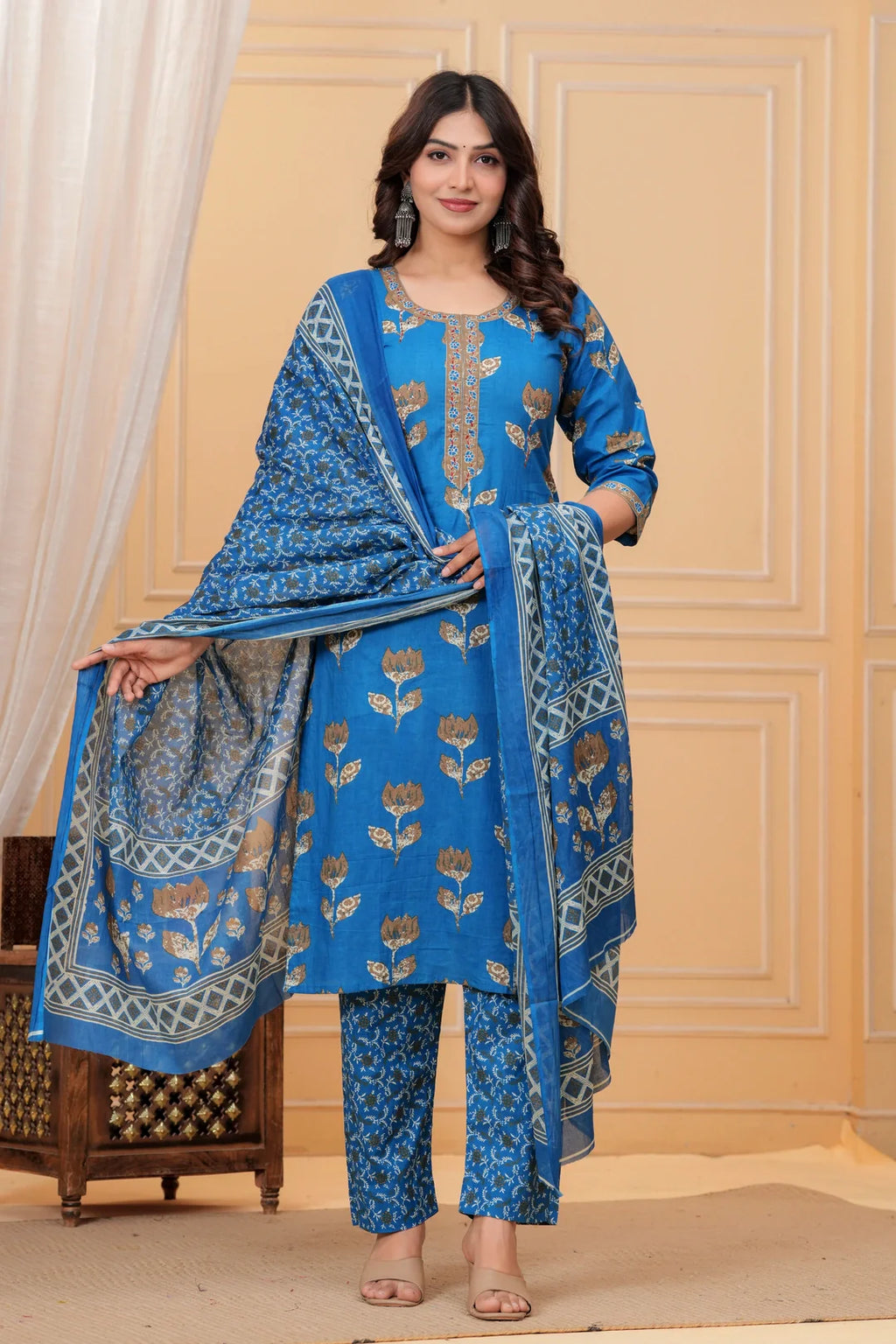 Royal Blue Handblock Printed Cotton Suit Set with Kota Dupatta