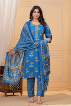 Royal Blue Handblock Printed Cotton Suit Set with Kota Dupatta
