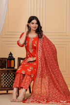 Elegant Red Floral Jaipuri Cotton  Kurta Pant Set with Dupatta