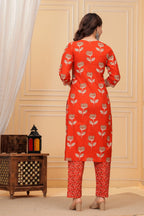 Elegant Red Floral Jaipuri Cotton  Kurta Pant Set with Dupatta