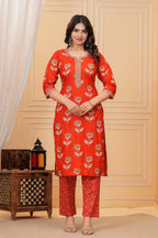 Elegant Red Floral Jaipuri Cotton  Kurta Pant Set with Dupatta