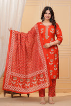 Elegant Red Floral Jaipuri Cotton  Kurta Pant Set with Dupatta
