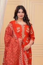 Elegant Red Floral Jaipuri Cotton  Kurta Pant Set with Dupatta