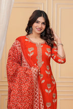 Elegant Red Floral Jaipuri Cotton  Kurta Pant Set with Dupatta