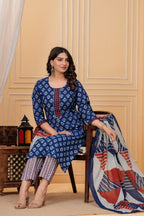 Indigo Blue Handblock Printed Cotton Kurta Pant Set with Geometric Dupatta
