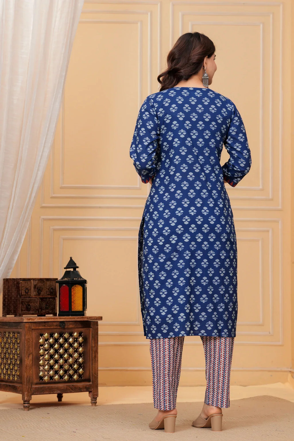 Indigo Blue Handblock Printed Cotton Kurta Pant Set with Geometric Dupatta