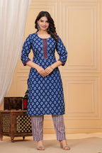 Indigo Blue Handblock Printed Cotton Kurta Pant Set with Geometric Dupatta
