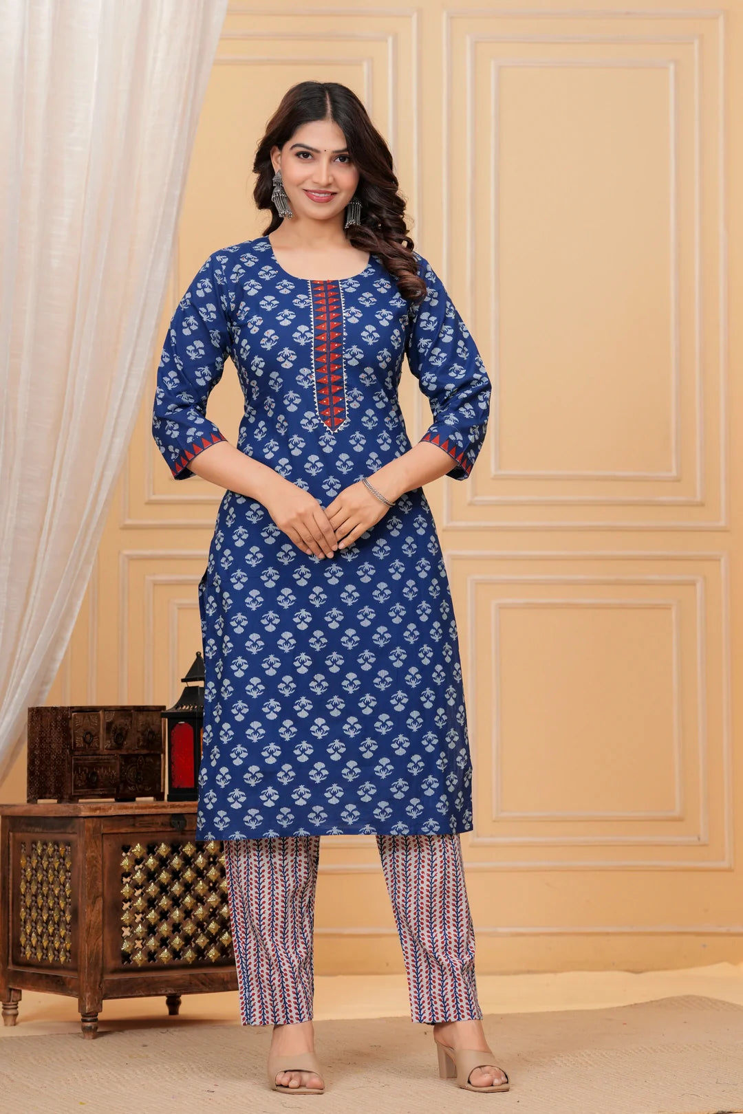Indigo Blue Handblock Printed Cotton Kurta Pant Set with Geometric Dupatta