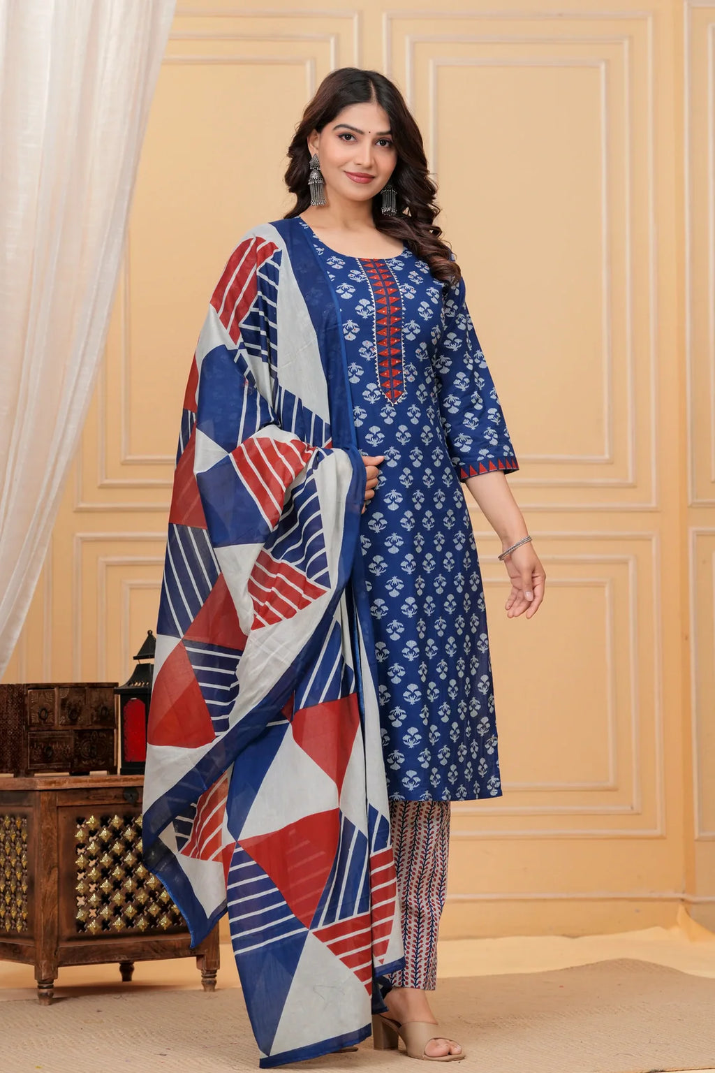 Indigo Blue Handblock Printed Cotton Kurta Pant Set with Geometric Dupatta
