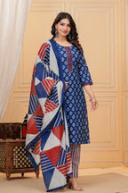 Indigo Blue Handblock Printed Cotton Kurta Pant Set with Geometric Dupatta