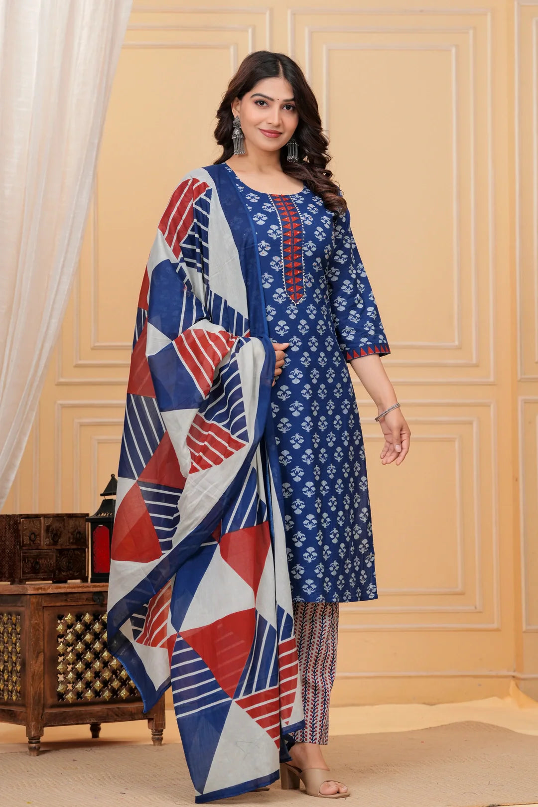 Indigo Blue Handblock Printed Cotton Kurta Pant Set with Geometric Dupatta