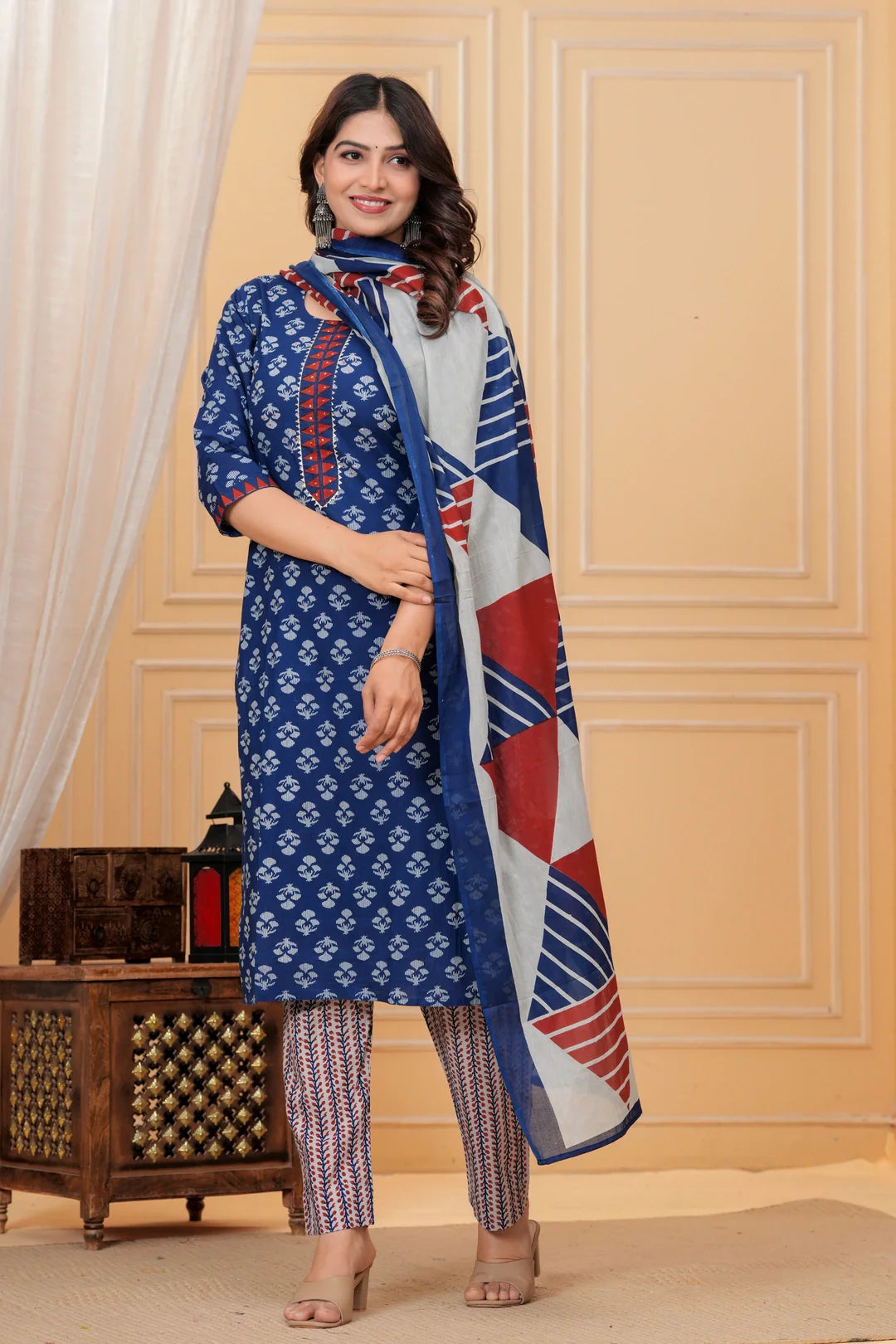 Indigo Blue Handblock Printed Cotton Kurta Pant Set with Geometric Dupatta