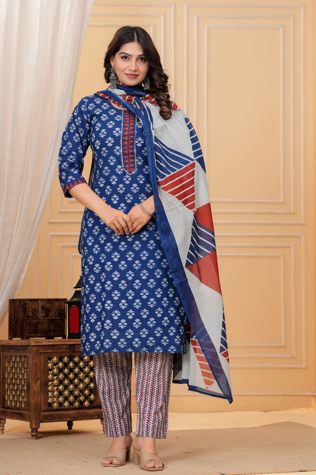 Indigo Blue Handblock Printed Cotton Kurta Pant Set with Geometric Dupatta