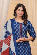 Indigo Blue Handblock Printed Cotton Kurta Pant Set with Geometric Dupatta