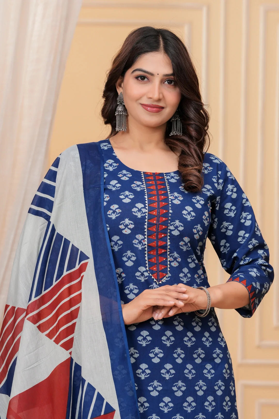 Indigo Blue Handblock Printed Cotton Kurta Pant Set with Geometric Dupatta